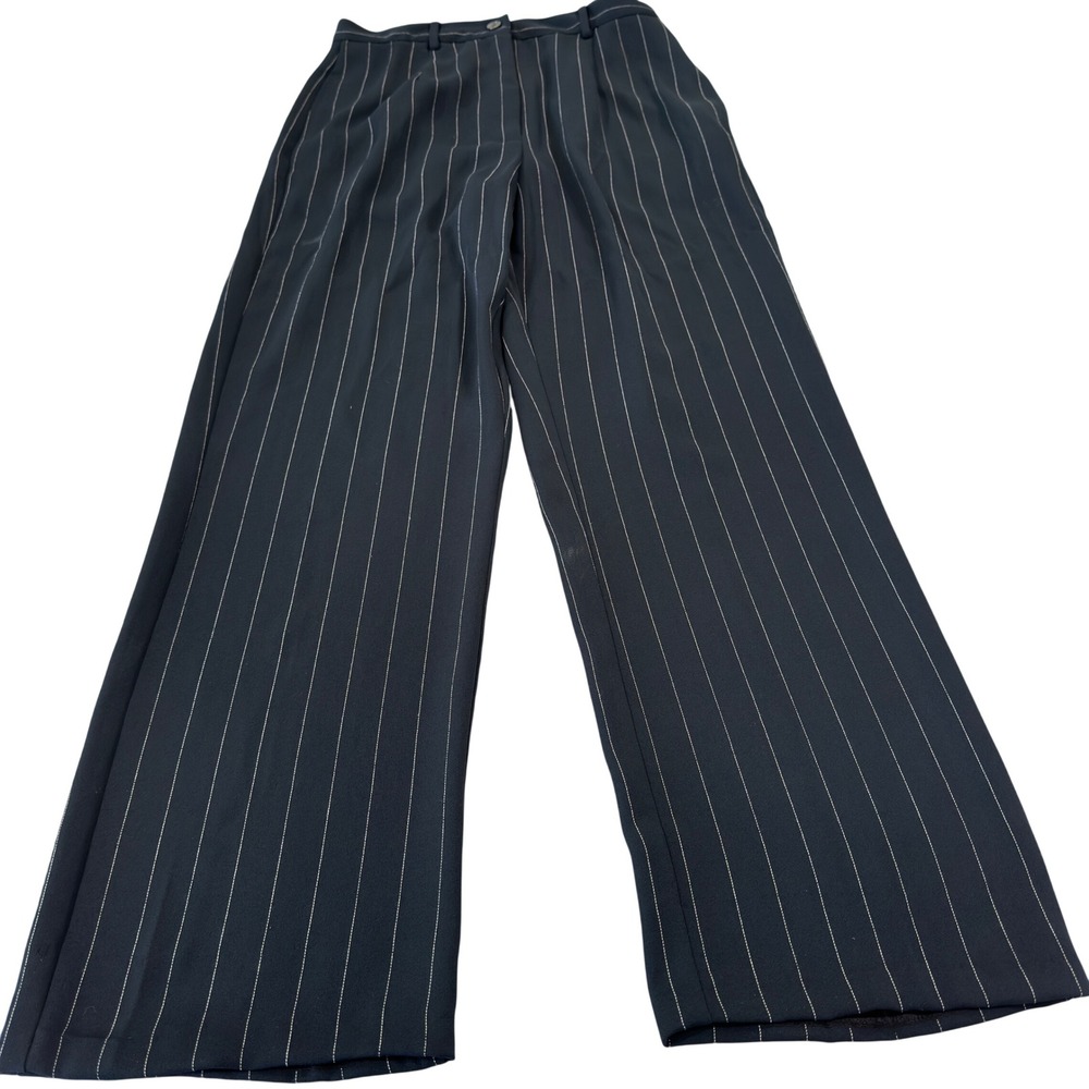 New Frontier Vintage 90s Wide Leg Pants Navy Blue Pinstripe Poly Made USA Size 6